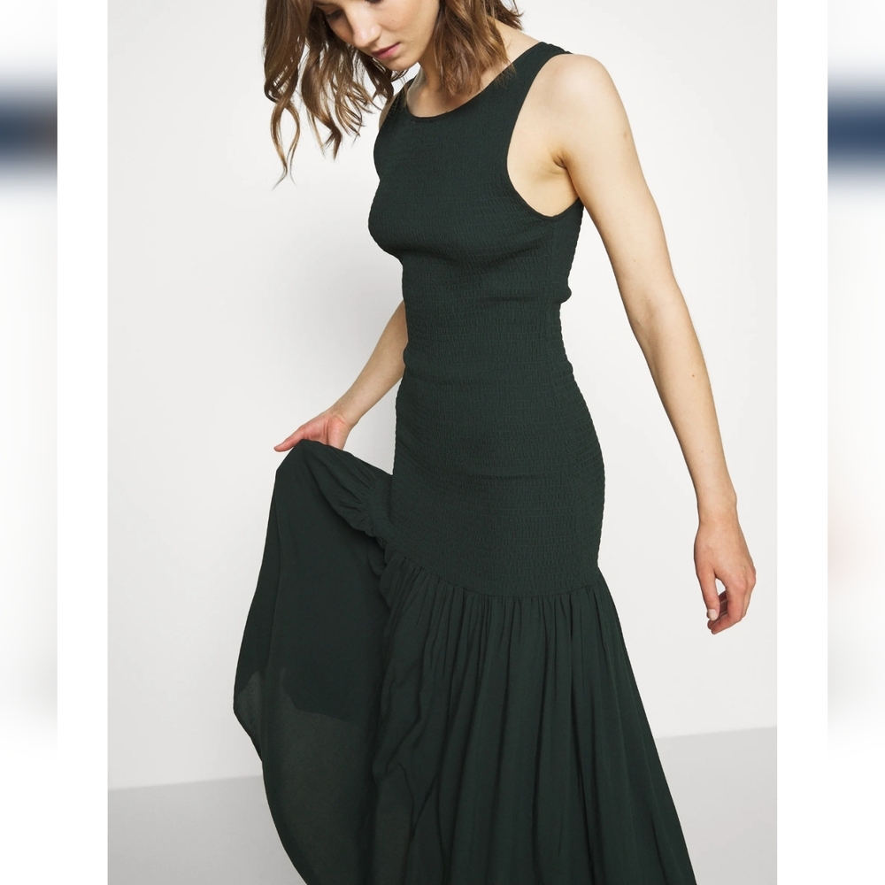 WEEKDAY Josephine Shirred Midi Dress In Dark Green Size Large